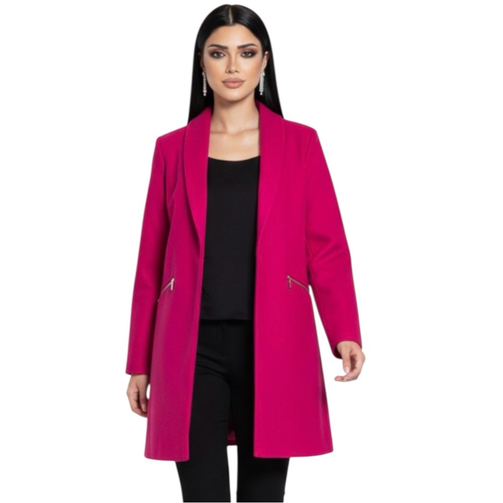 NWOT Joie Bright Fuchsia Pink Shawl Collar Open Front Zip Pockets Coat Size L